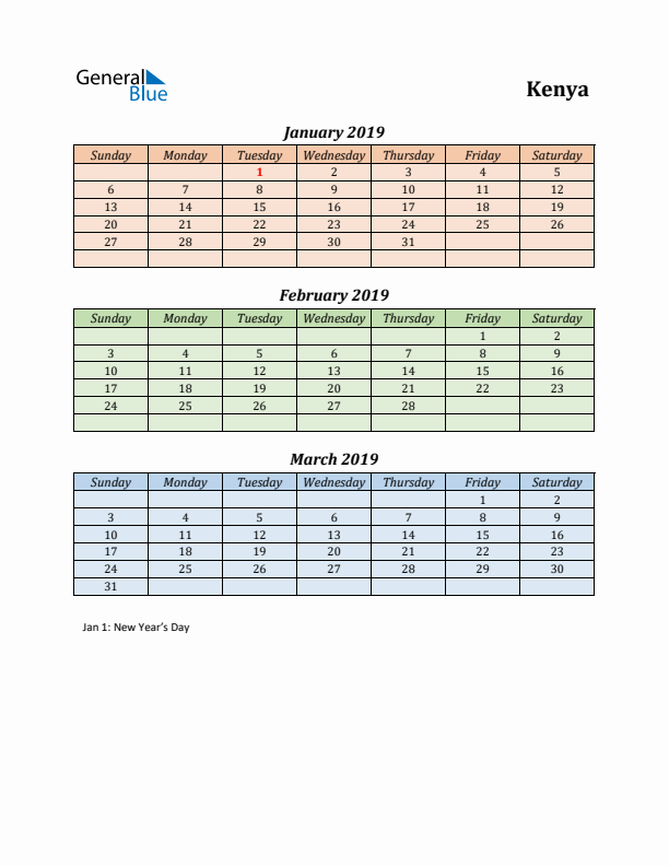 Q1 2019 Holiday Calendar - Kenya