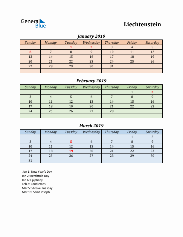 Q1 2019 Holiday Calendar - Liechtenstein