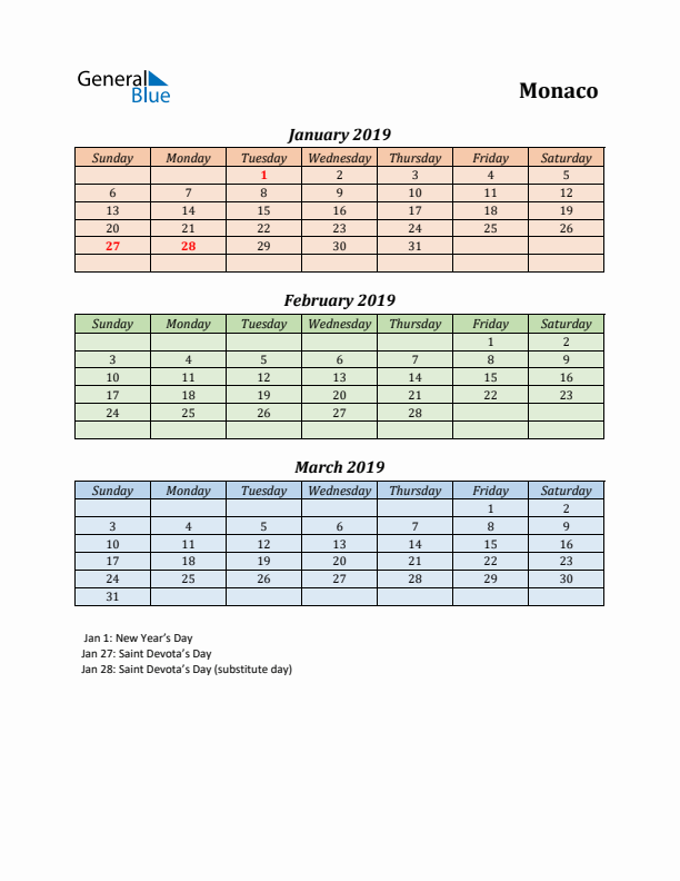 Q1 2019 Holiday Calendar - Monaco