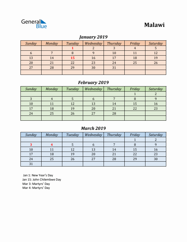 Q1 2019 Holiday Calendar - Malawi