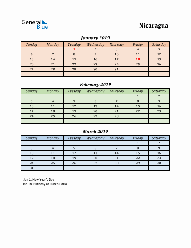 Q1 2019 Holiday Calendar - Nicaragua