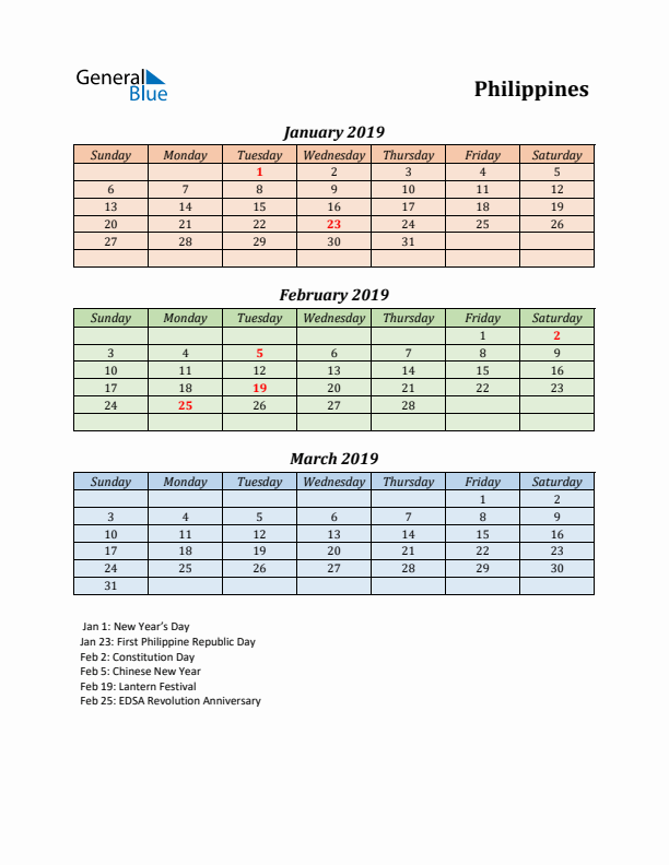 Q1 2019 Holiday Calendar - Philippines