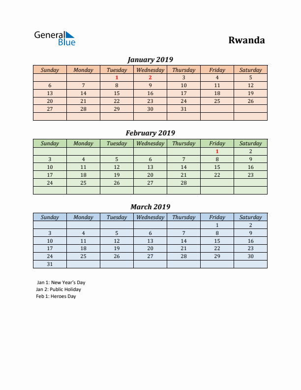 Q1 2019 Holiday Calendar - Rwanda