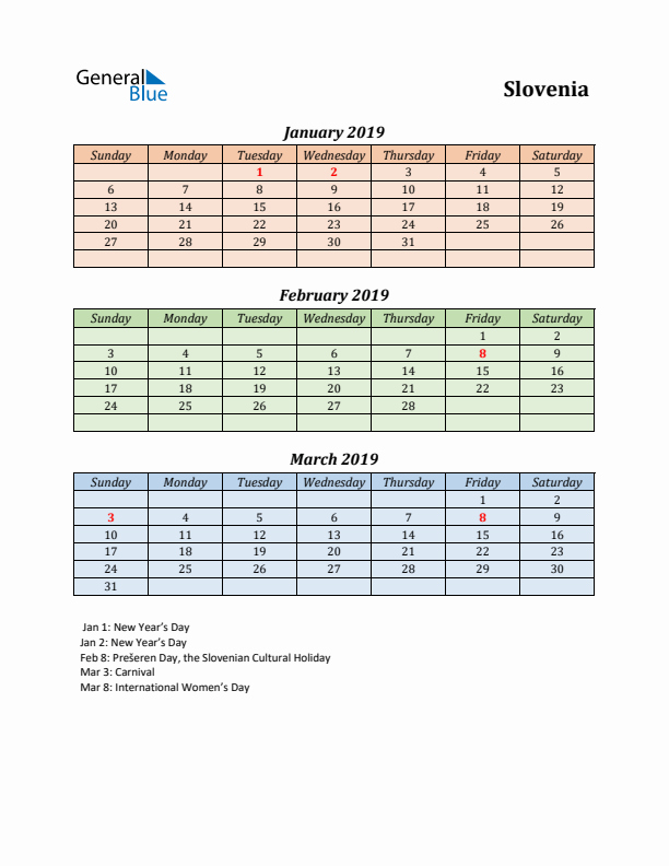 Q1 2019 Holiday Calendar - Slovenia