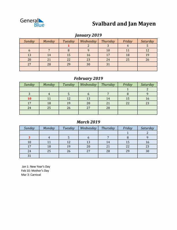 Q1 2019 Holiday Calendar - Svalbard and Jan Mayen