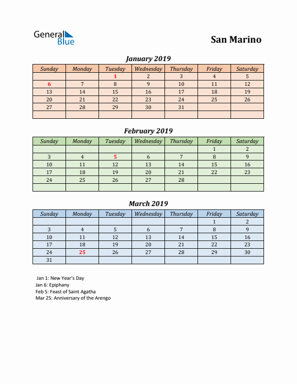 Q1 2019 Holiday Calendar - San Marino