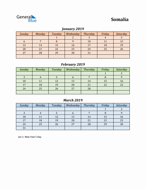 Q1 2019 Holiday Calendar - Somalia