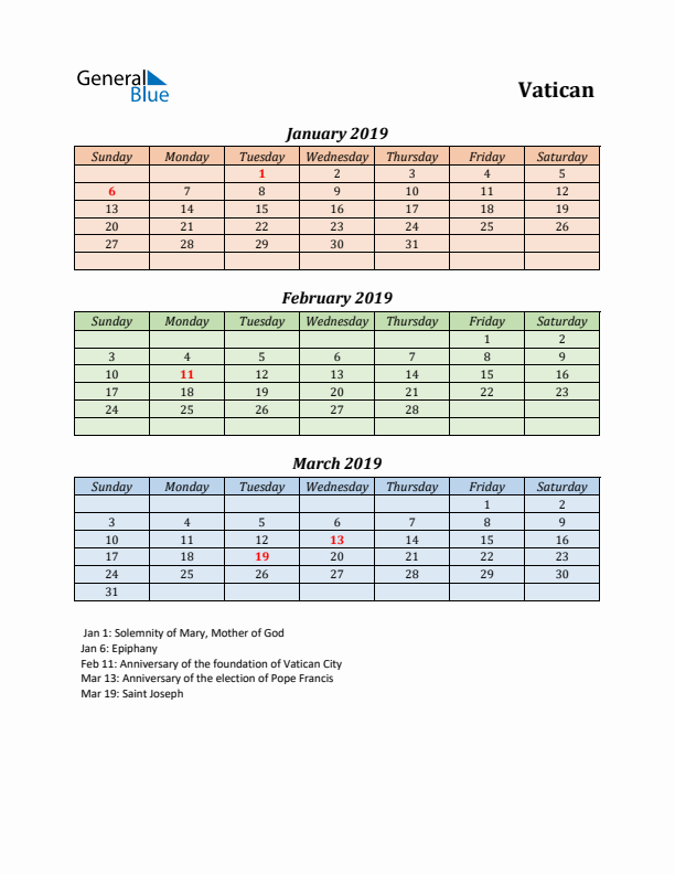 Q1 2019 Holiday Calendar - Vatican