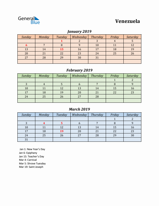 Q1 2019 Holiday Calendar - Venezuela