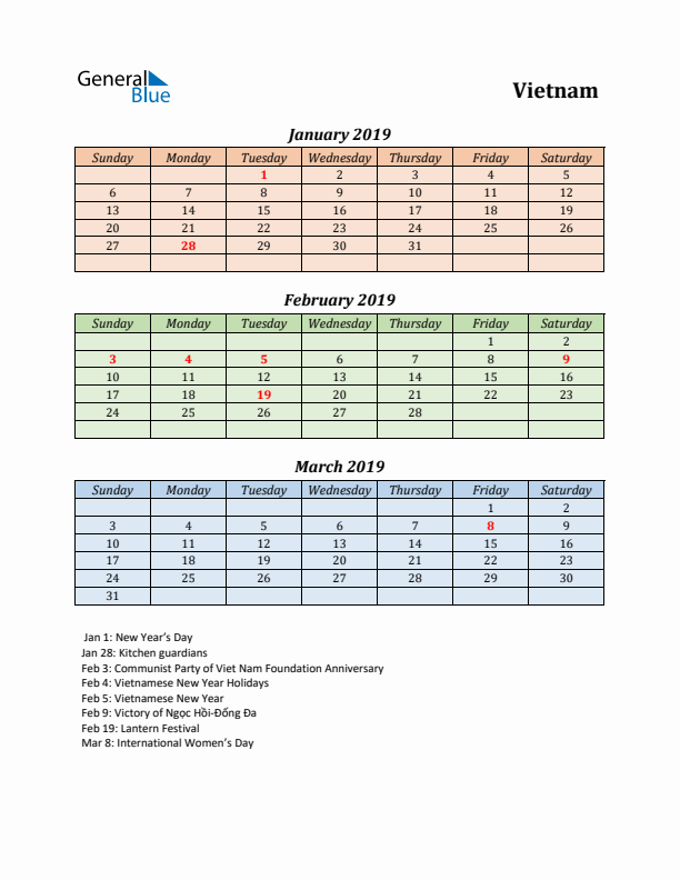 Q1 2019 Holiday Calendar - Vietnam