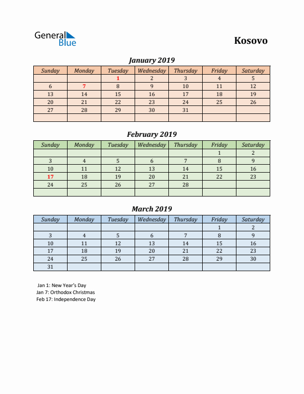 Q1 2019 Holiday Calendar - Kosovo