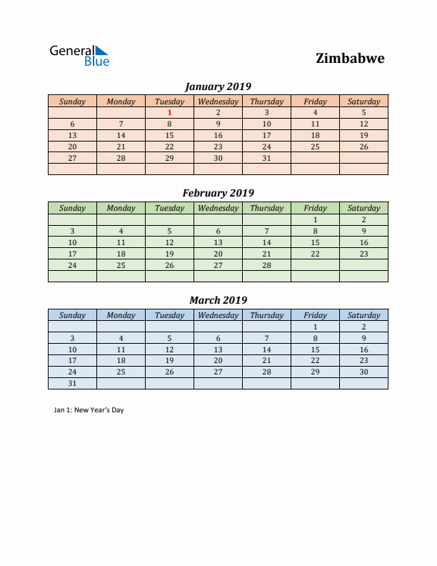 Q1 2019 Holiday Calendar - Zimbabwe