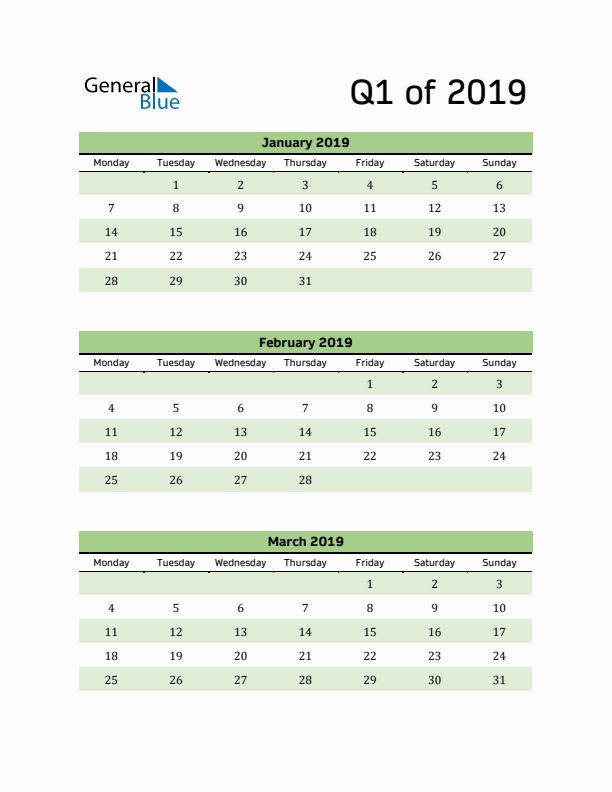 Printable Quarterly Calendar (Q1 2019)