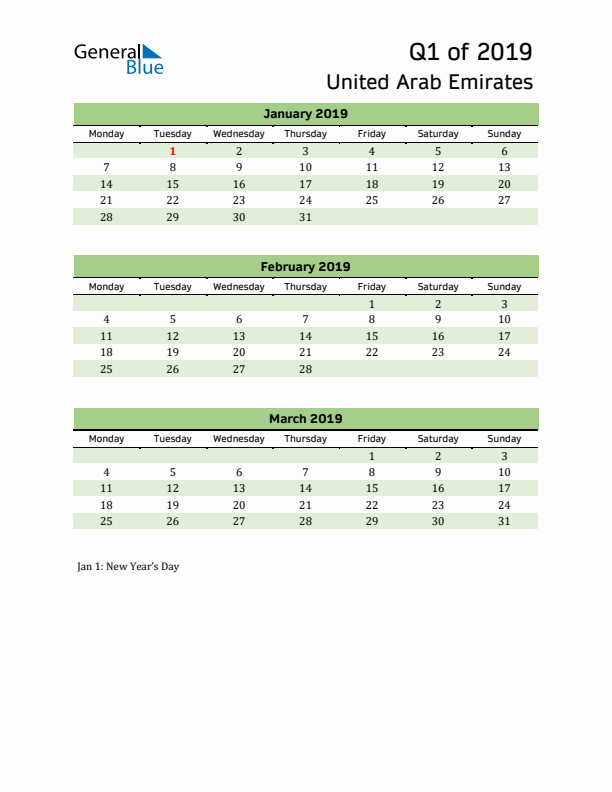 Quarterly Calendar 2019 with United Arab Emirates Holidays