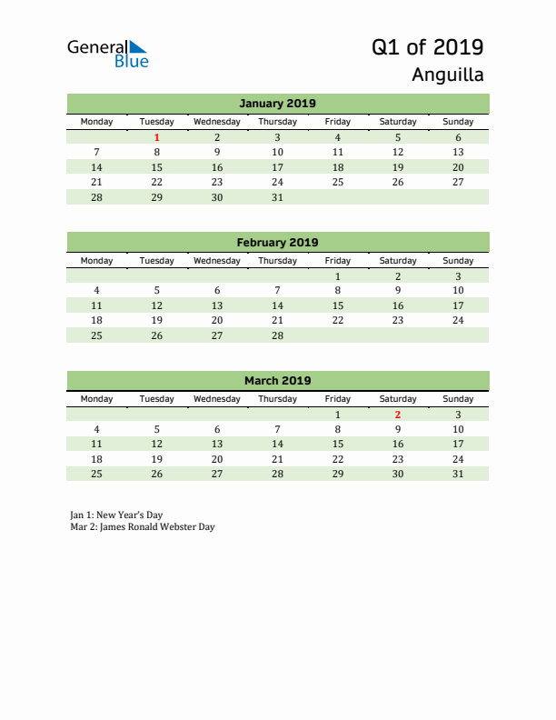 Quarterly Calendar 2019 with Anguilla Holidays