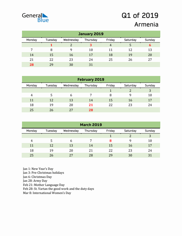 Quarterly Calendar 2019 with Armenia Holidays