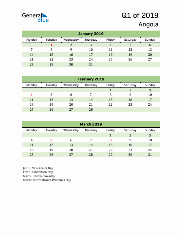 Quarterly Calendar 2019 with Angola Holidays