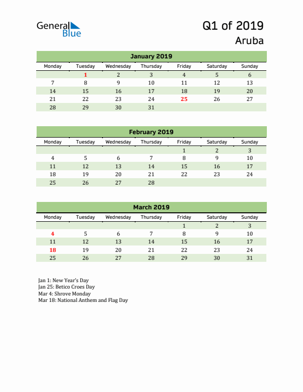 Quarterly Calendar 2019 with Aruba Holidays