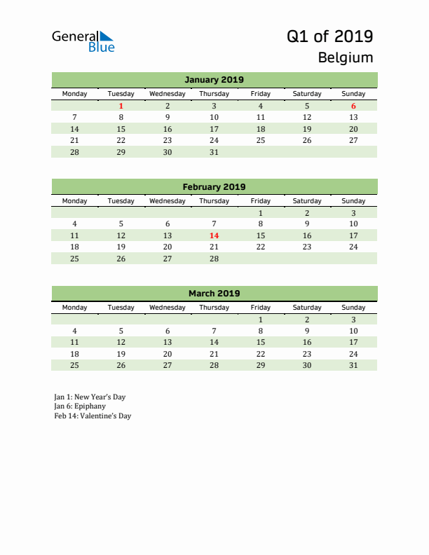 Quarterly Calendar 2019 with Belgium Holidays