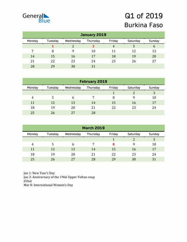 Quarterly Calendar 2019 with Burkina Faso Holidays