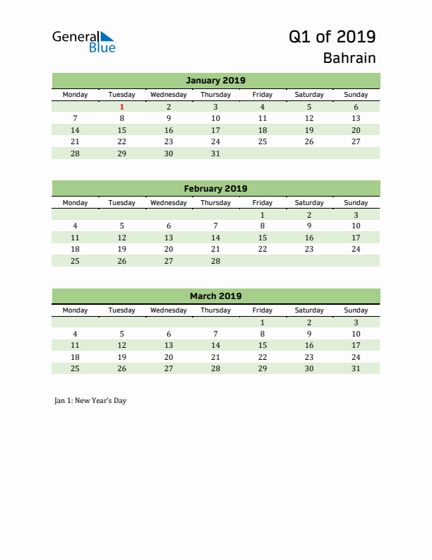 Quarterly Calendar 2019 with Bahrain Holidays