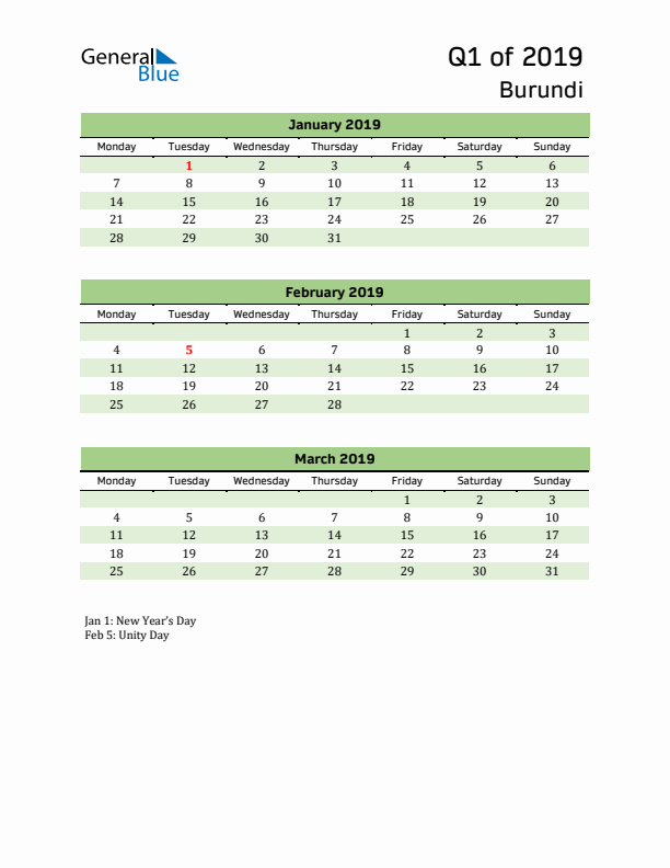 Quarterly Calendar 2019 with Burundi Holidays