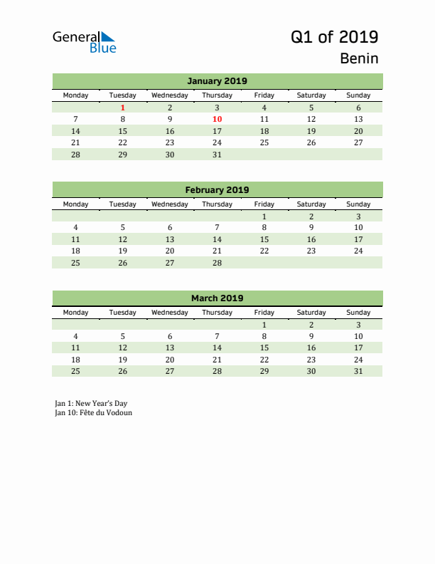 Quarterly Calendar 2019 with Benin Holidays