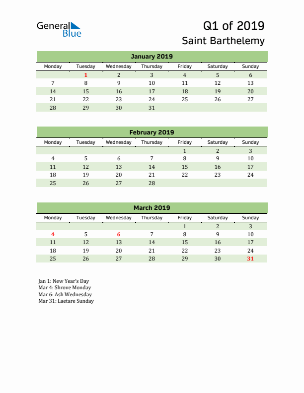 Quarterly Calendar 2019 with Saint Barthelemy Holidays