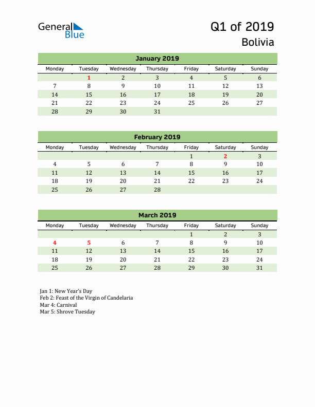 Quarterly Calendar 2019 with Bolivia Holidays