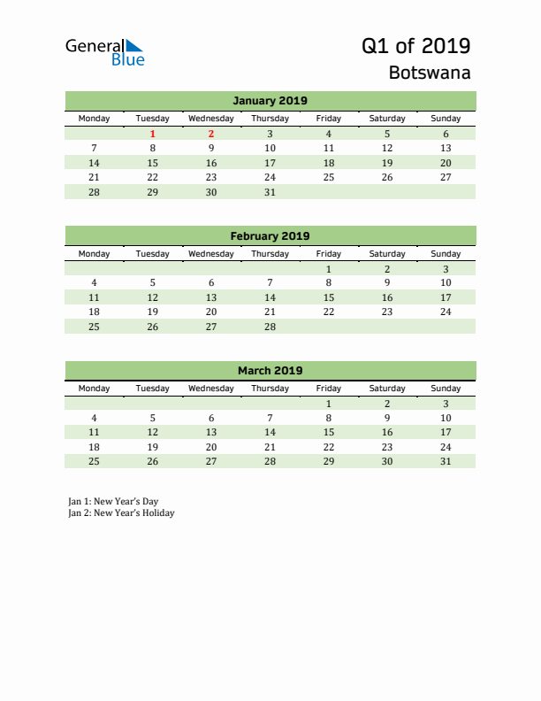 Quarterly Calendar 2019 with Botswana Holidays