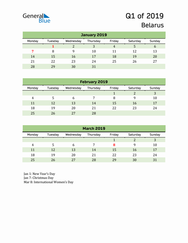 Quarterly Calendar 2019 with Belarus Holidays