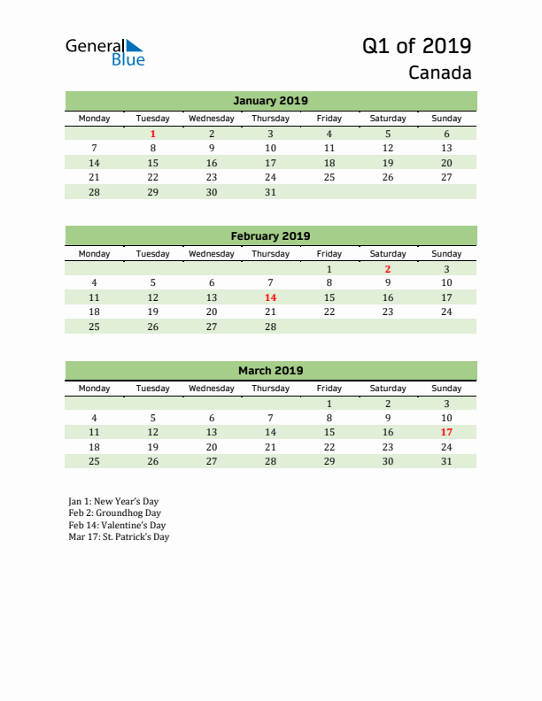 Quarterly Calendar 2019 with Canada Holidays