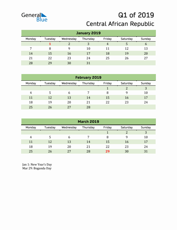 Quarterly Calendar 2019 with Central African Republic Holidays