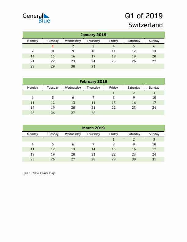 Quarterly Calendar 2019 with Switzerland Holidays