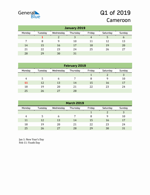 Quarterly Calendar 2019 with Cameroon Holidays