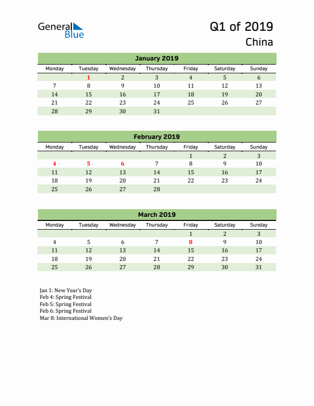 Quarterly Calendar 2019 with China Holidays