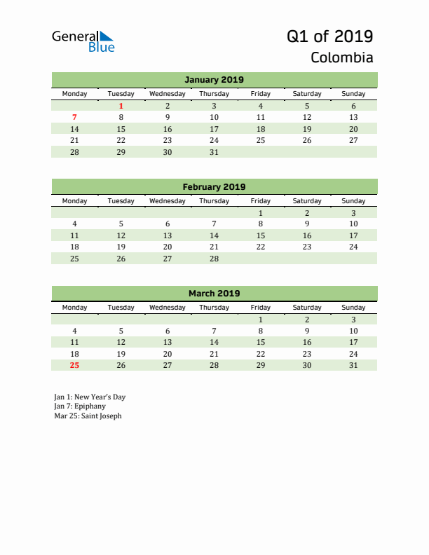 Quarterly Calendar 2019 with Colombia Holidays