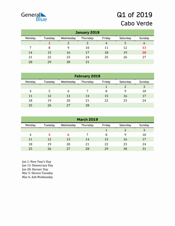 Quarterly Calendar 2019 with Cabo Verde Holidays