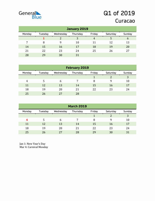 Quarterly Calendar 2019 with Curacao Holidays