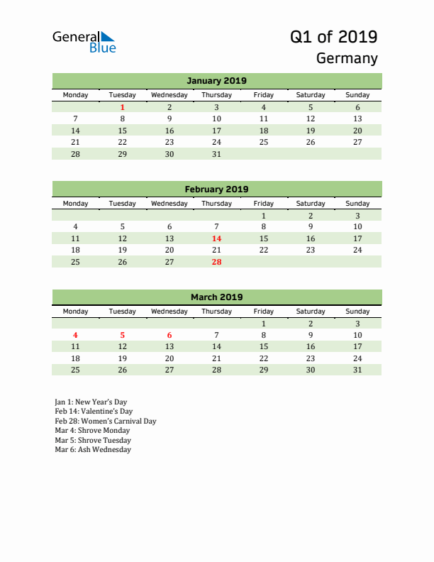 Quarterly Calendar 2019 with Germany Holidays