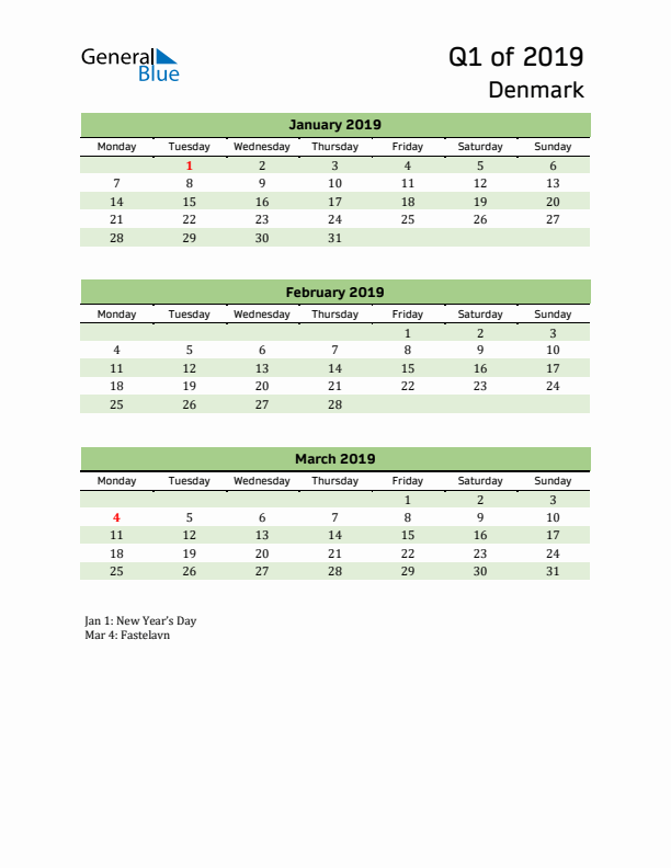 Quarterly Calendar 2019 with Denmark Holidays