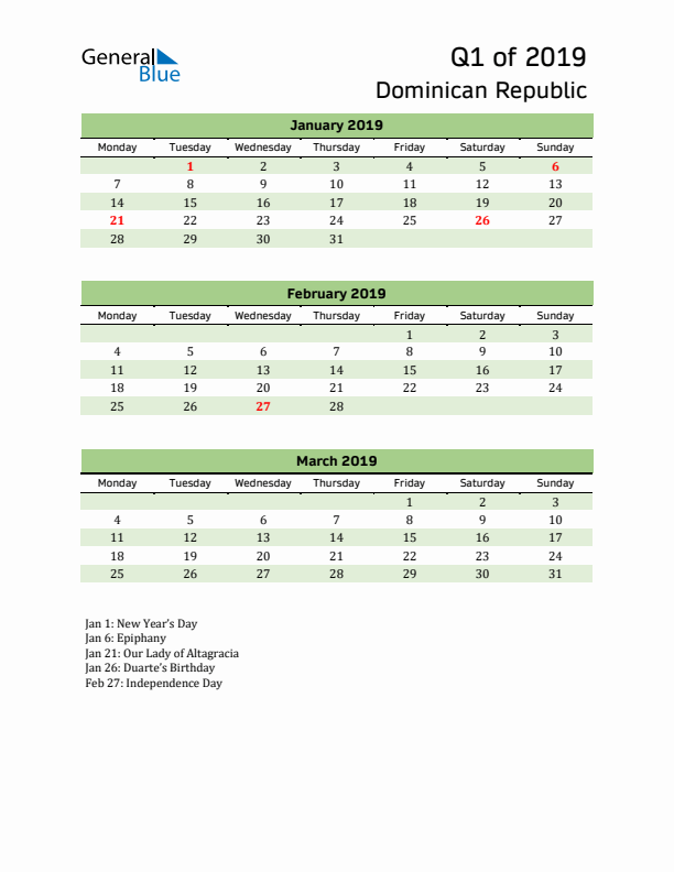 Quarterly Calendar 2019 with Dominican Republic Holidays