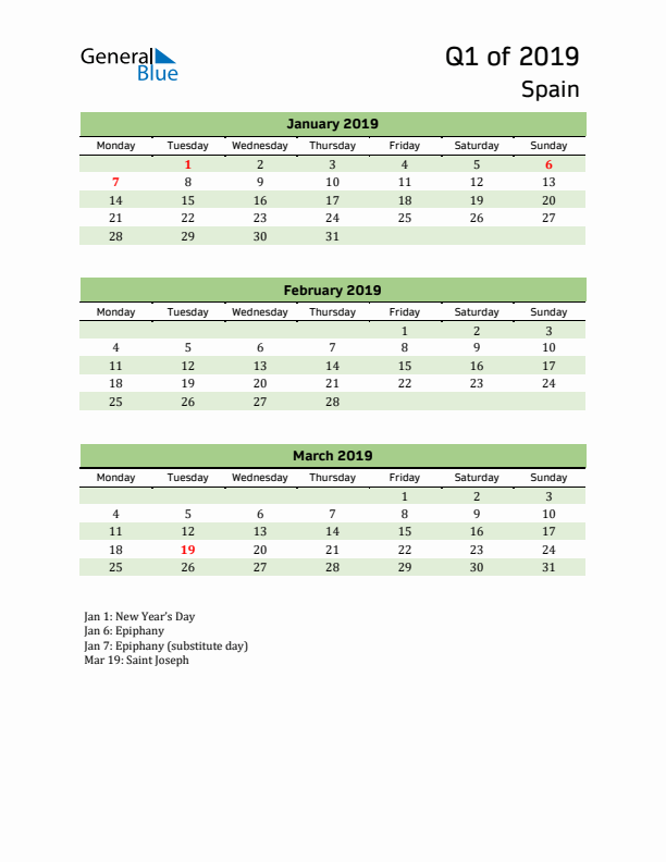 Quarterly Calendar 2019 with Spain Holidays