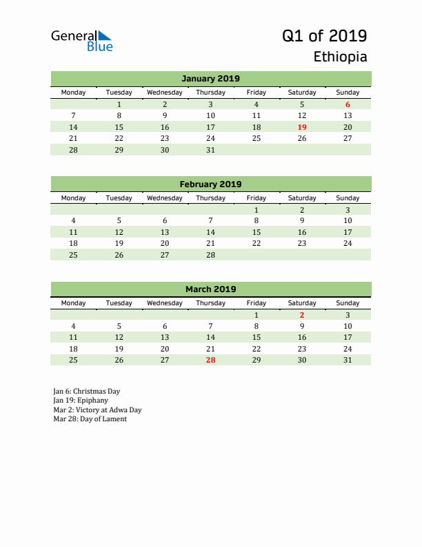 Quarterly Calendar 2019 with Ethiopia Holidays