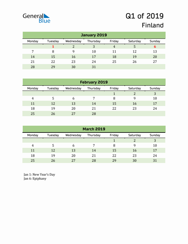 Quarterly Calendar 2019 with Finland Holidays