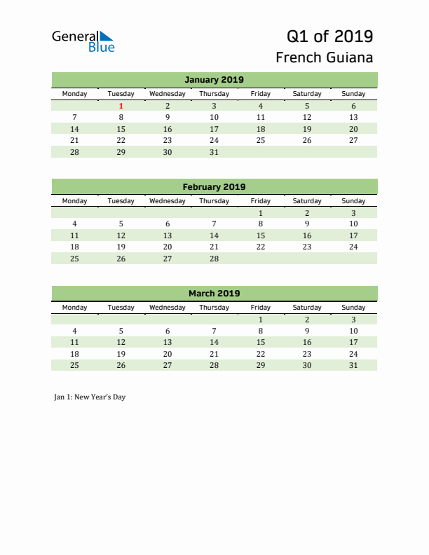 Quarterly Calendar 2019 with French Guiana Holidays