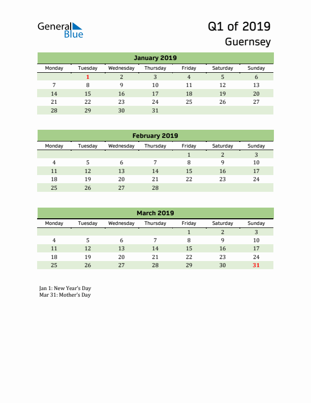 Quarterly Calendar 2019 with Guernsey Holidays