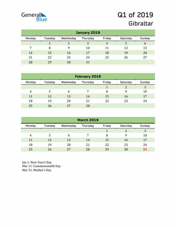 Quarterly Calendar 2019 with Gibraltar Holidays