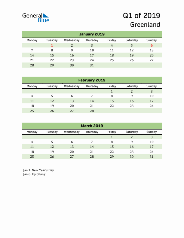 Quarterly Calendar 2019 with Greenland Holidays