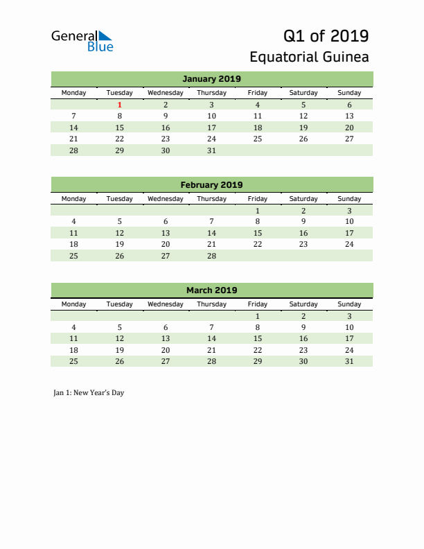 Quarterly Calendar 2019 with Equatorial Guinea Holidays